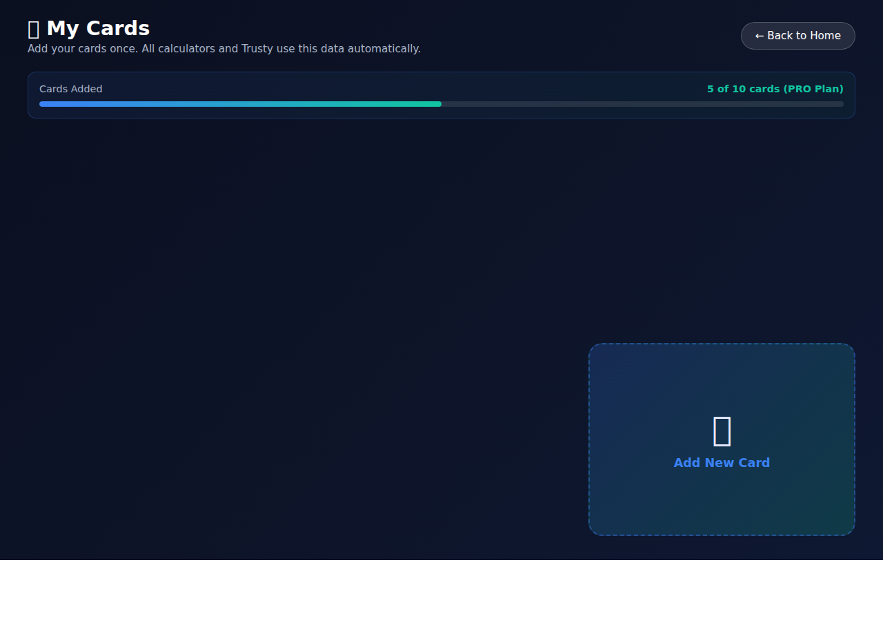 Cards page showing all credit cards in a beautiful grid layout