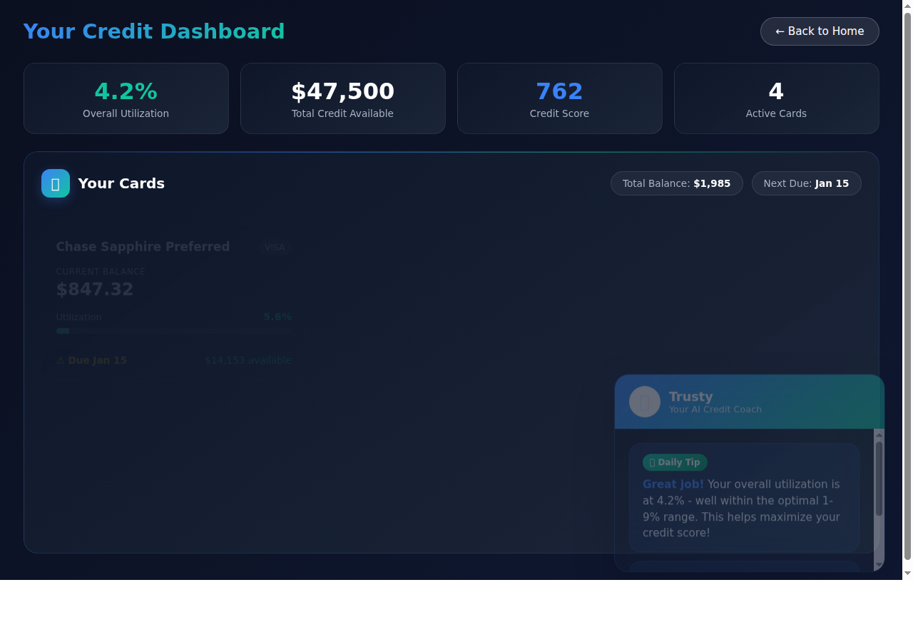 TrustyBooker Dashboard with credit cards